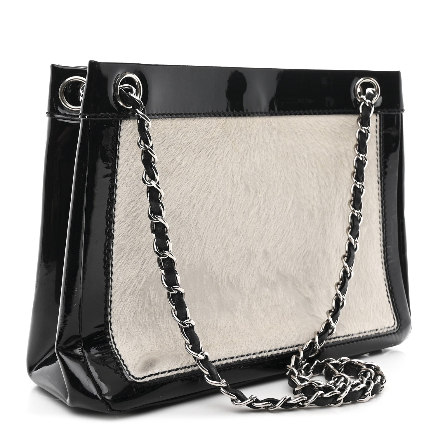 Patent Pony Hair Small Pocket Tote Black White