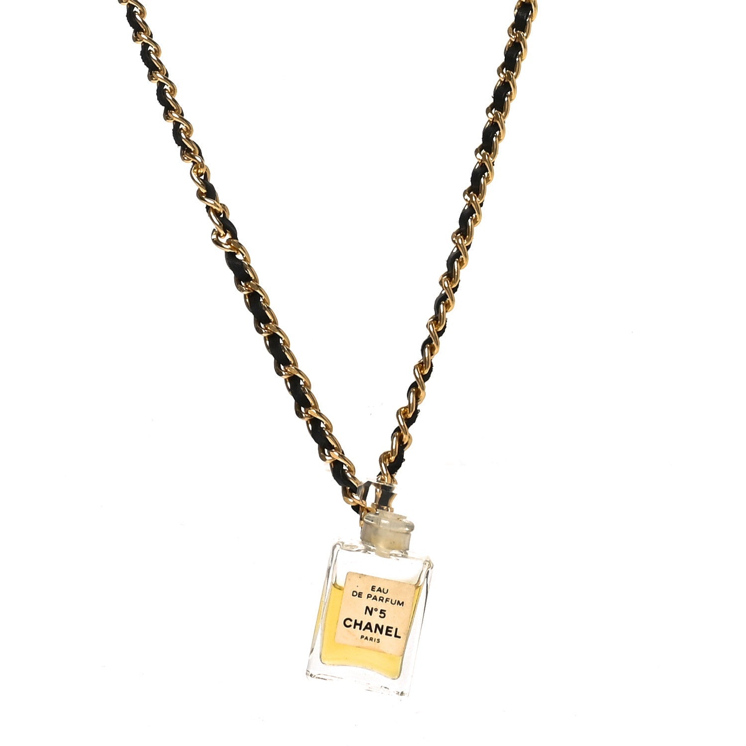 Metal Lambskin Resin CC No 5 Perfume Bottle Necklace Gold Black