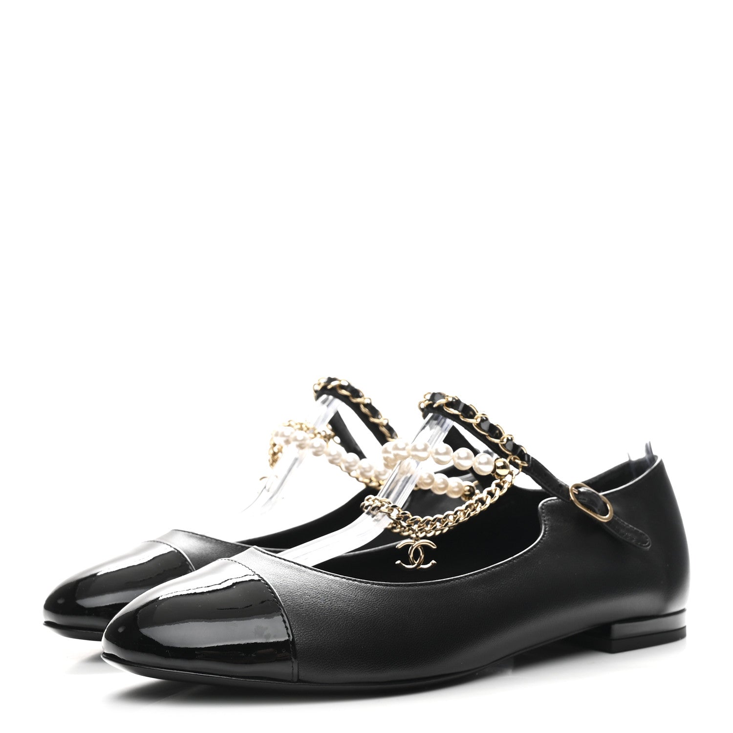 Shiny Lambskin Pearl Cap Toe Ankle Chain Ballerina Flats 37 Black