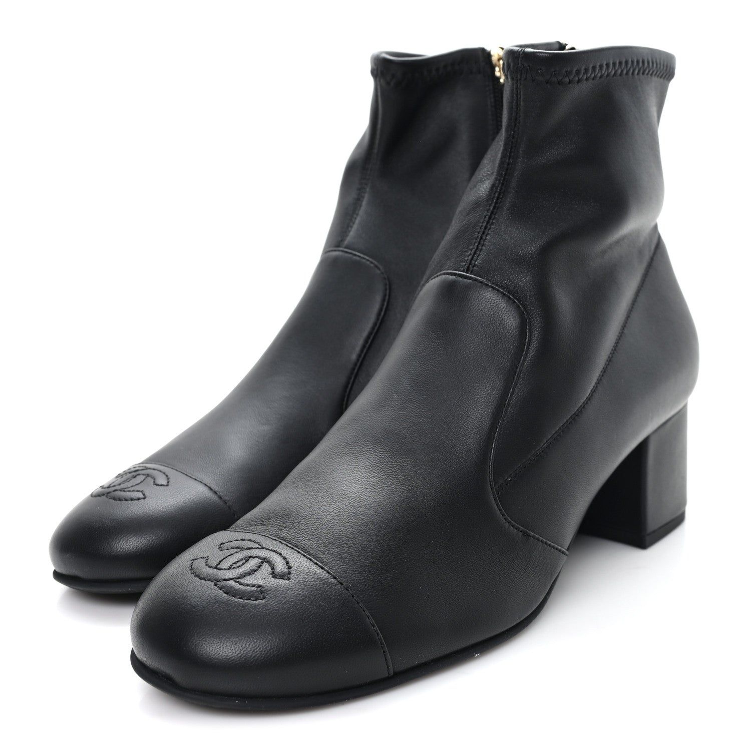 Stretch Lambskin Cap Toe CC Uniform Short Boots 39 Black