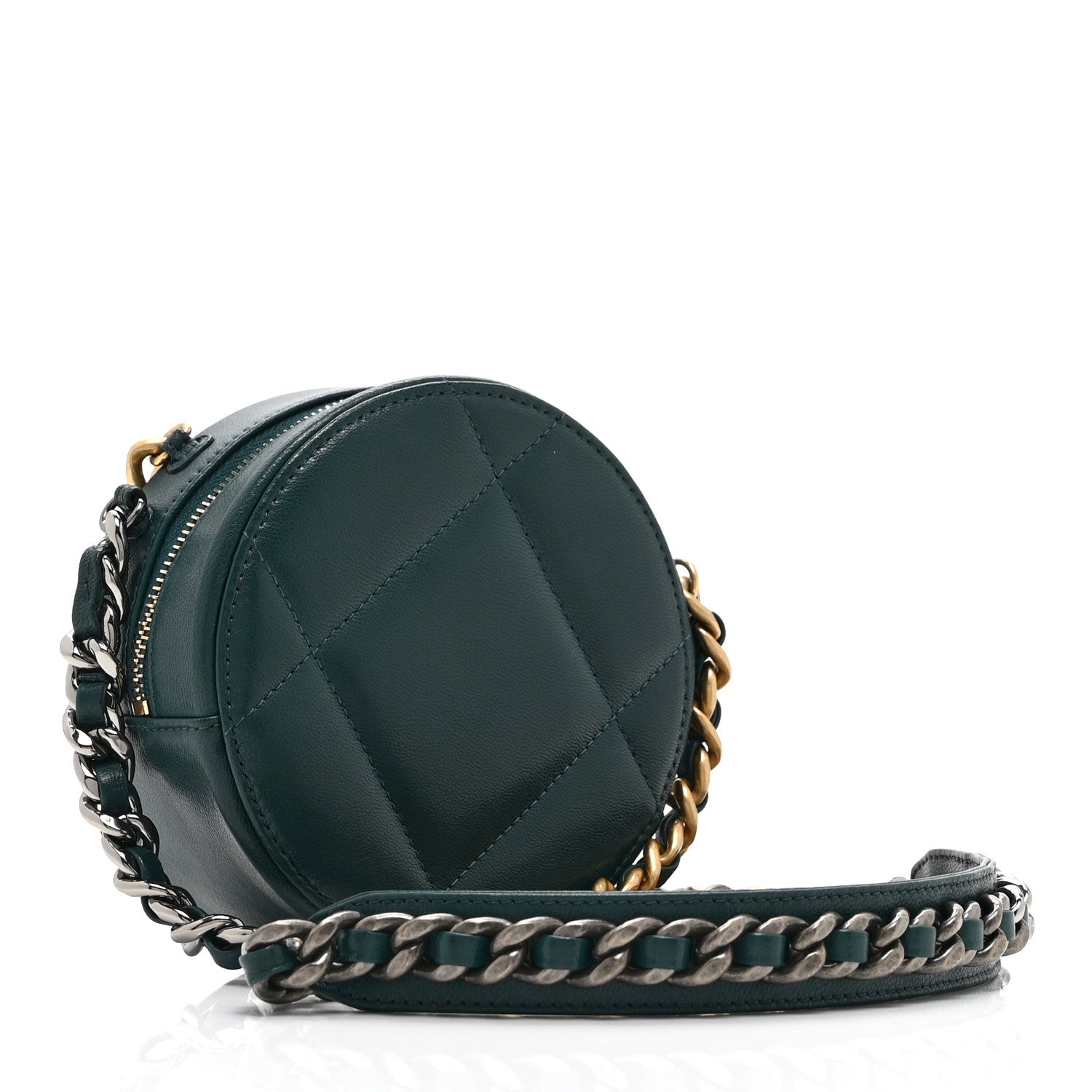 Lambskin Quilted Chanel 19 Round Clutch With Chain Green