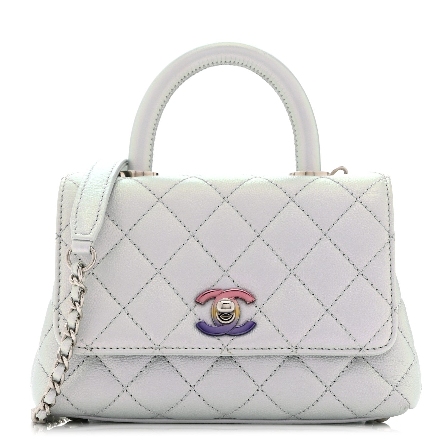 Iridescent Caviar Quilted Extra Mini Coco Handle Flap Light Blue
