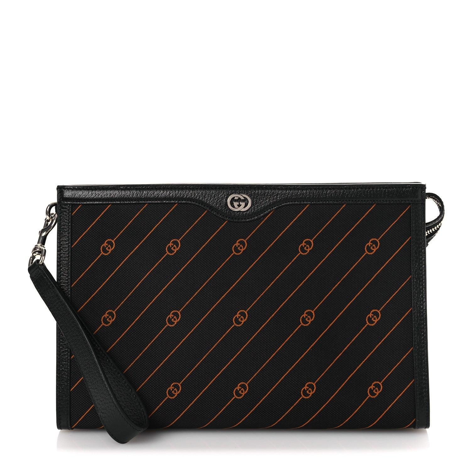 Canvas Diagonal Interlocking G Zip Pouch Black Orange
