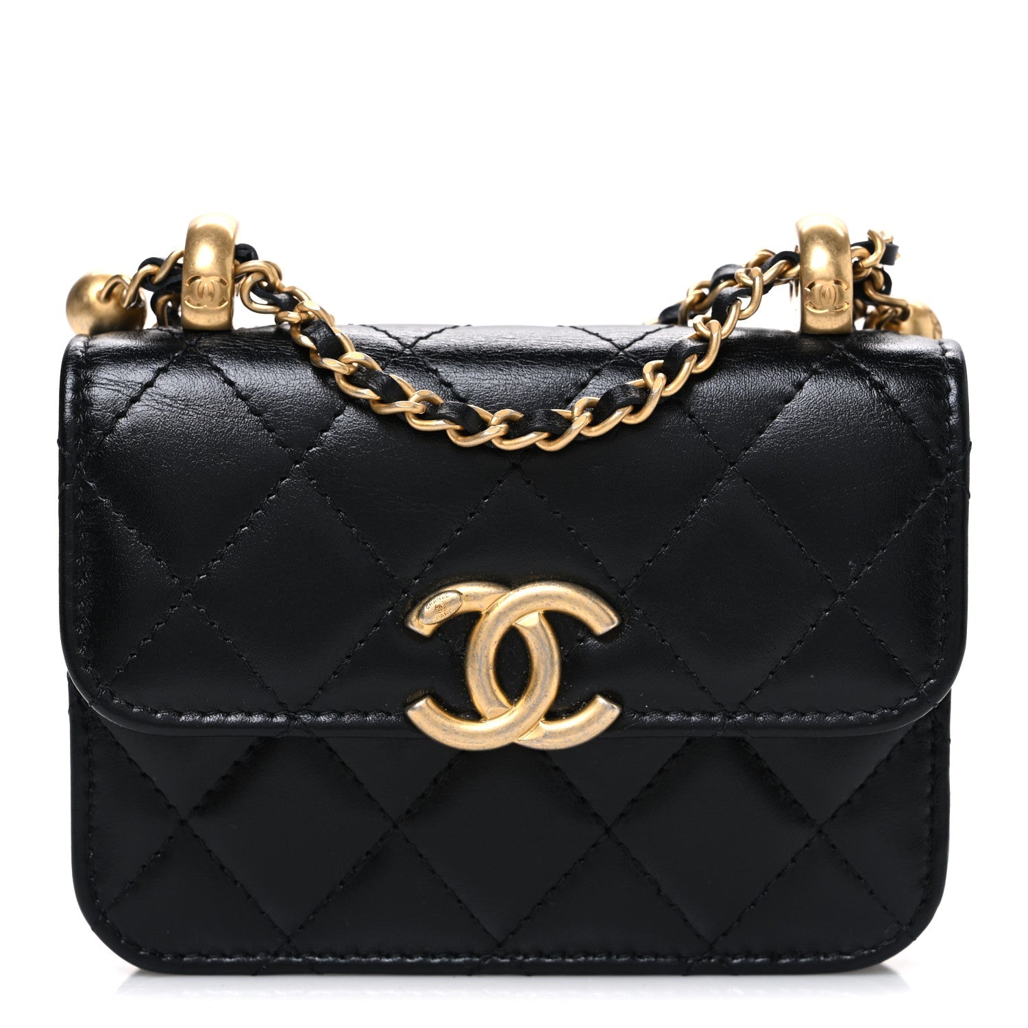 Calfskin Quilted Perfect Fit Coin Purse With Chain Black