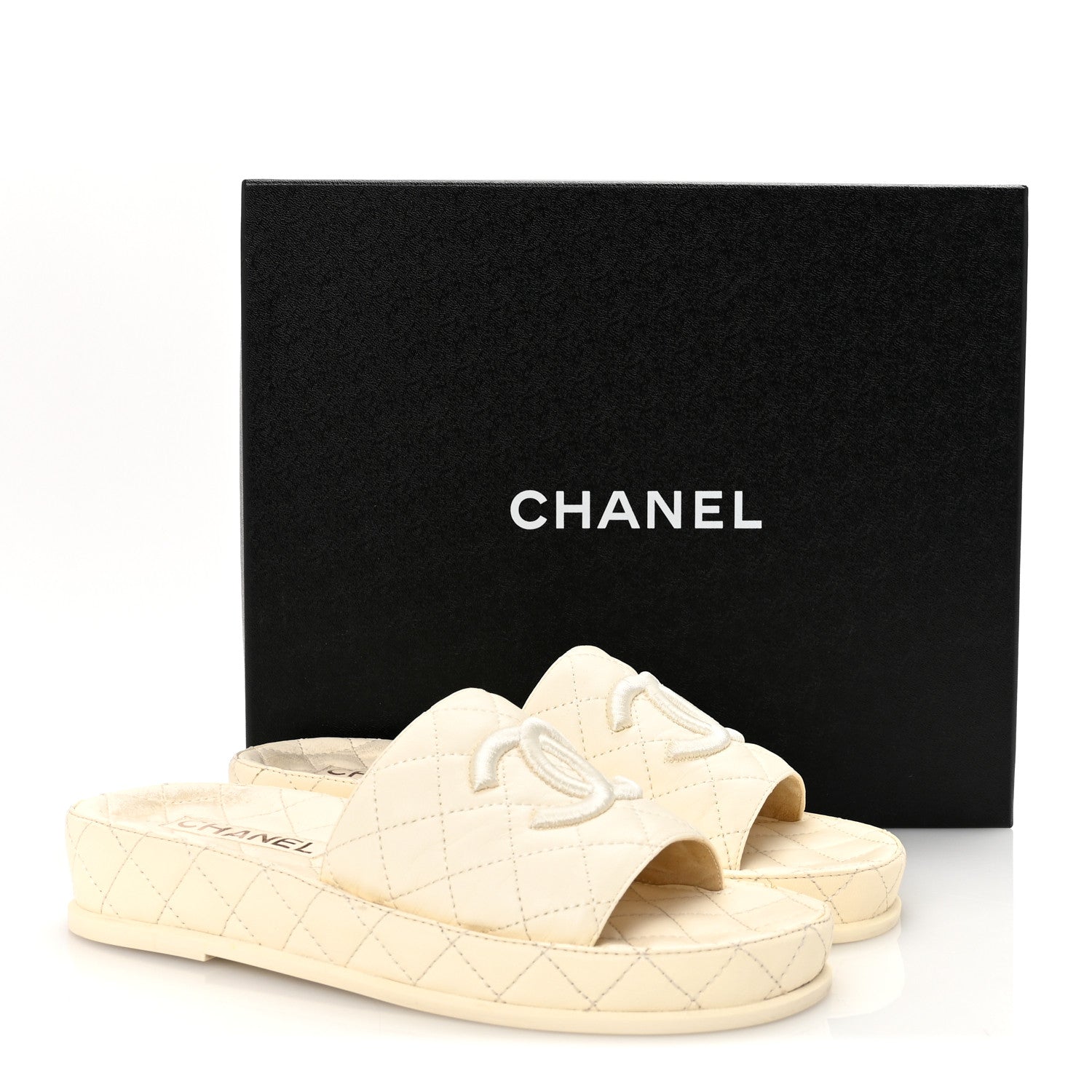 Lambskin Quilted CC Mules Sandals 38 Ivory