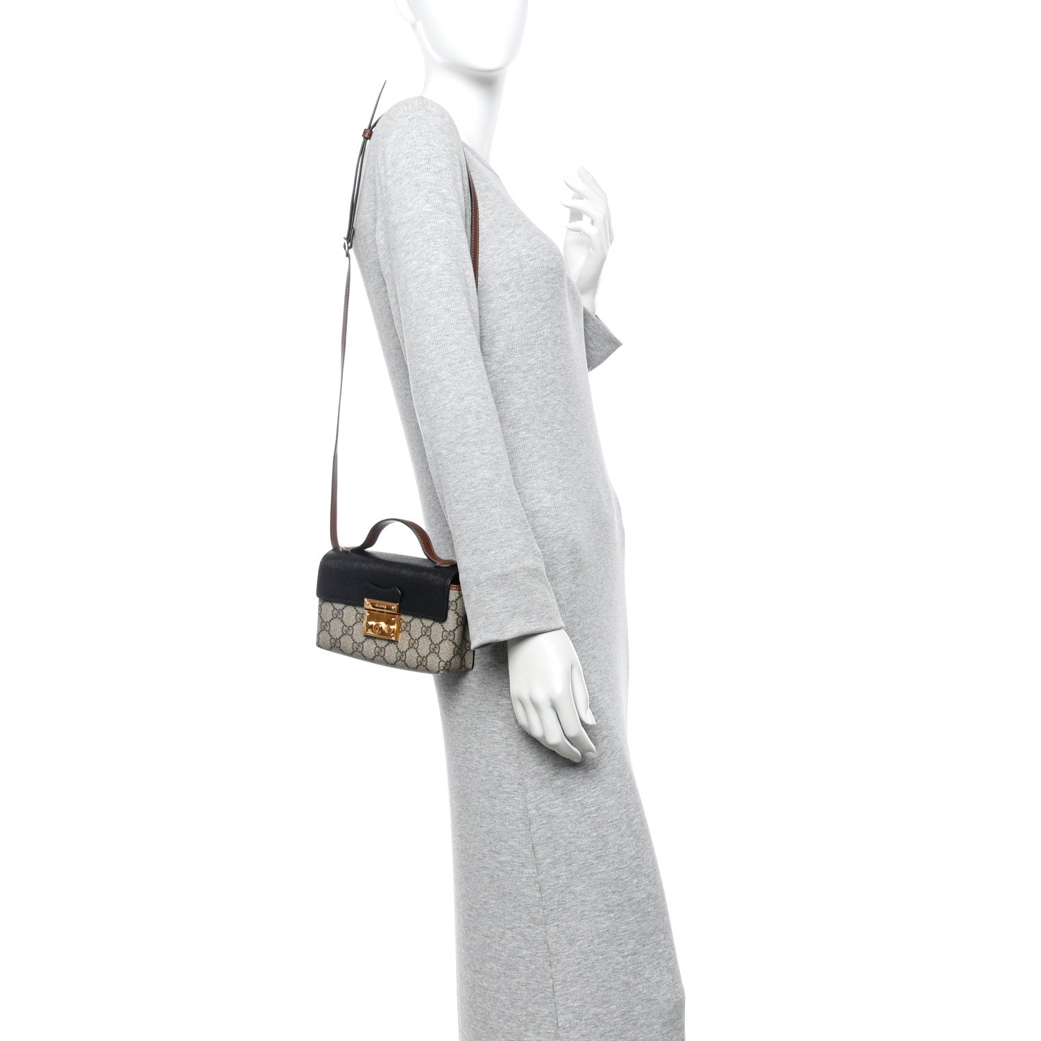 GG Supreme Monogram Calfskin Mini Padlock Top Handle Shoulder Bag Beige Black Cuir