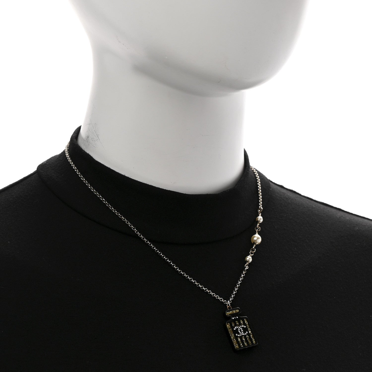 Pearl Resin Strass Perfume Bottle CC Necklace Black Gold