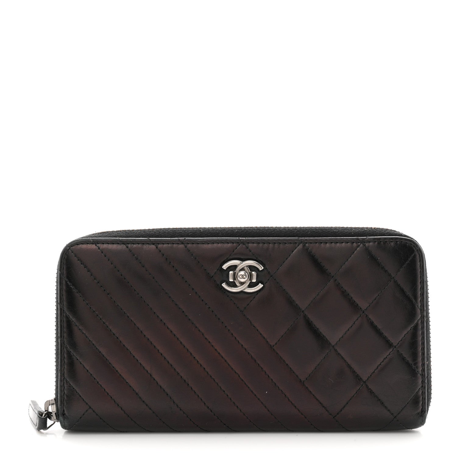 Glazed Calfskin Quilted Small Coco Boy Zip Around Wallet Black