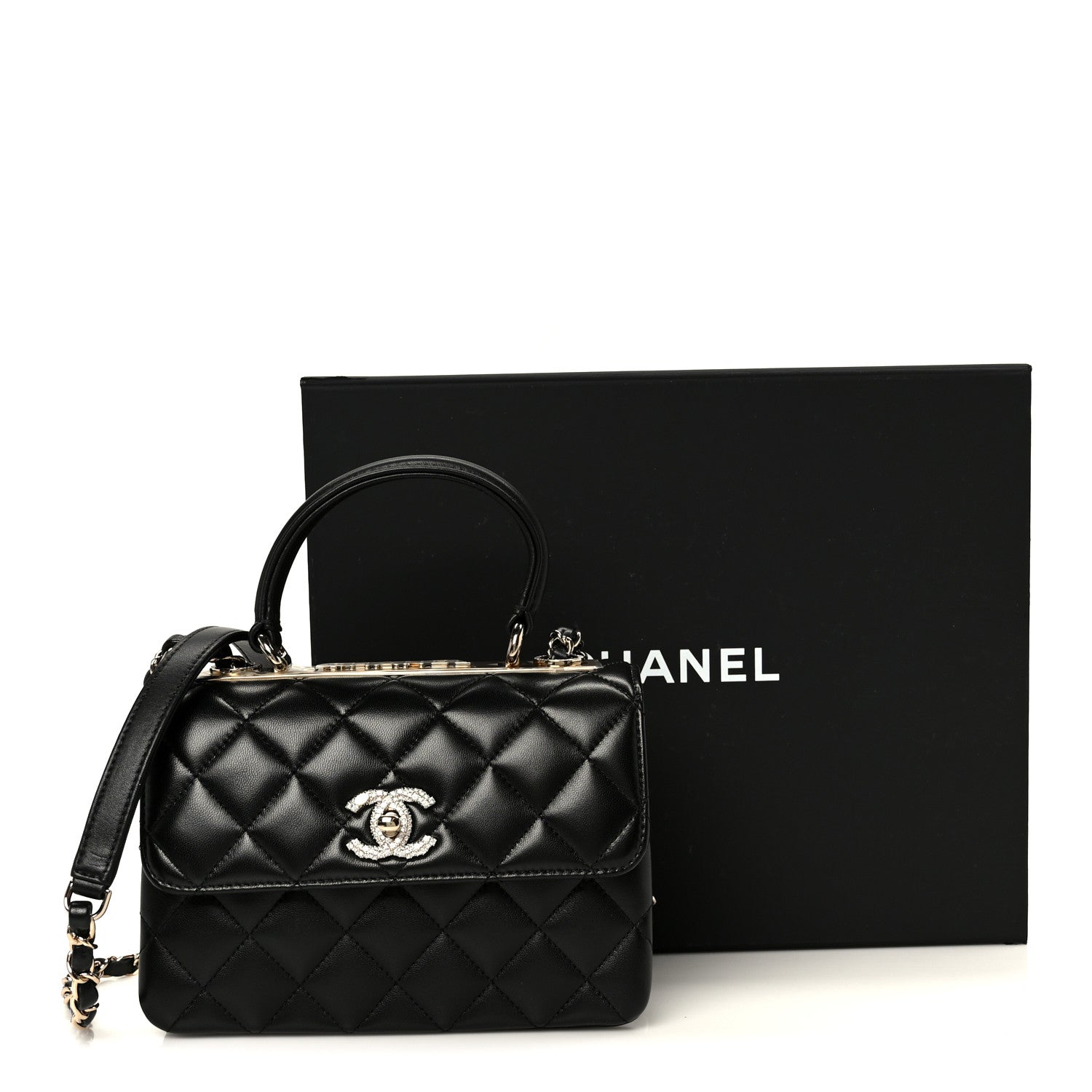 Lambskin Crystal Quilted Mini Trendy CC Dual Handle Flap Bag Black