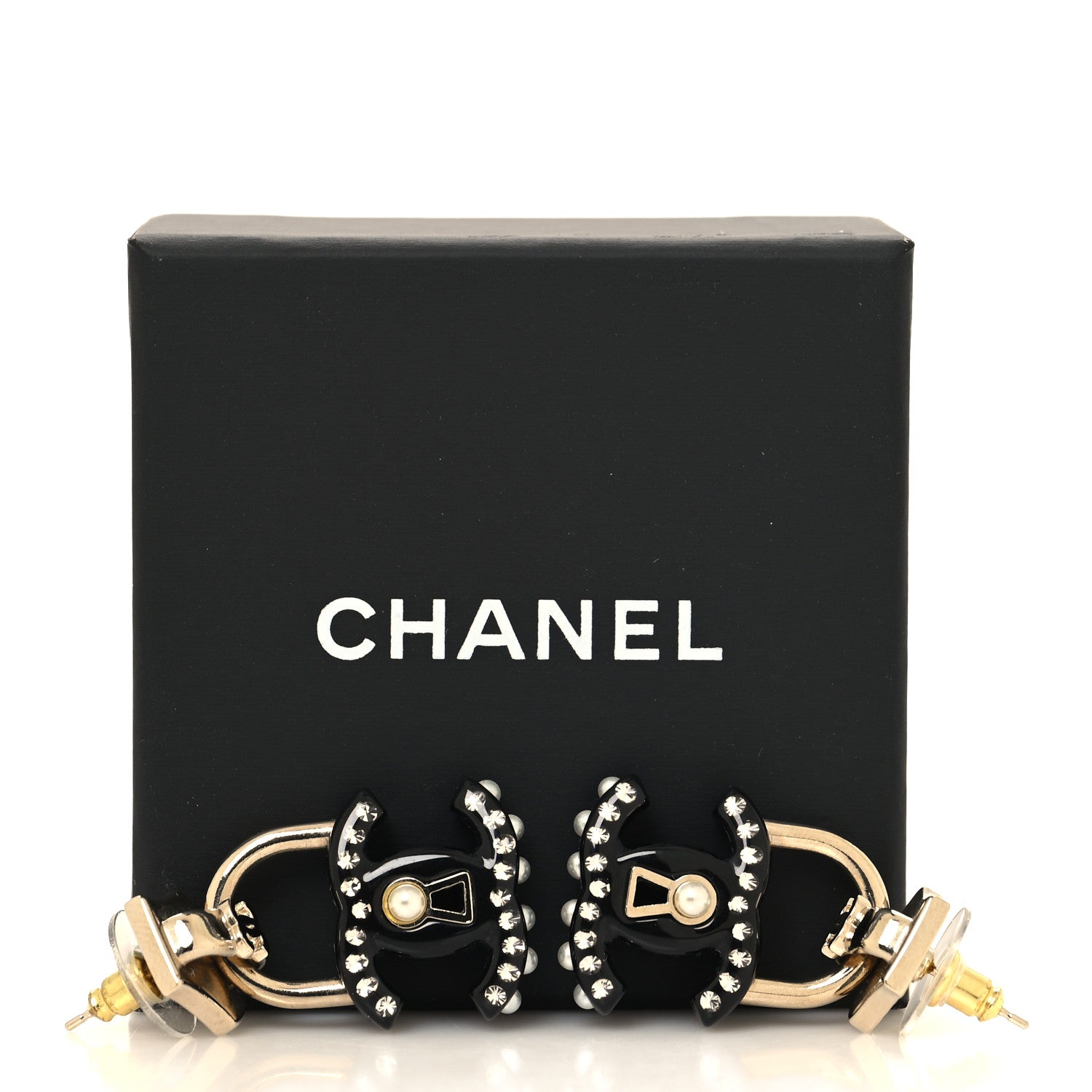 Metal Resin Crystal Pearl CC Lock Drop Earrings Gold Black