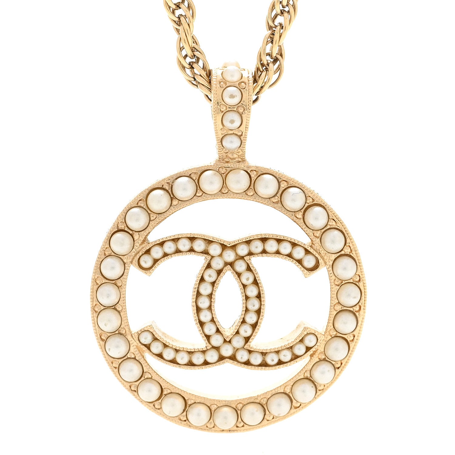 Pearl CC Round Pendant Necklace Gold