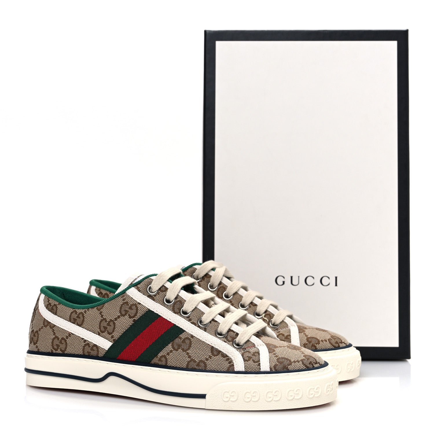 GG Monogram Web Womens 1977 Tennis Sneakers 37 Beige Ebony Mystic White