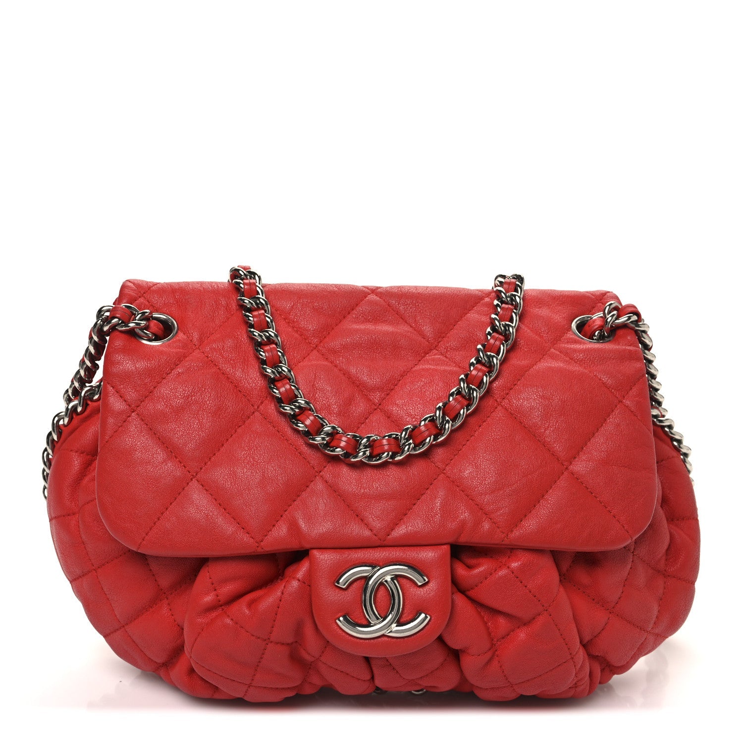 Washed Lambskin Quilted Medium Chain Around Messenger Red