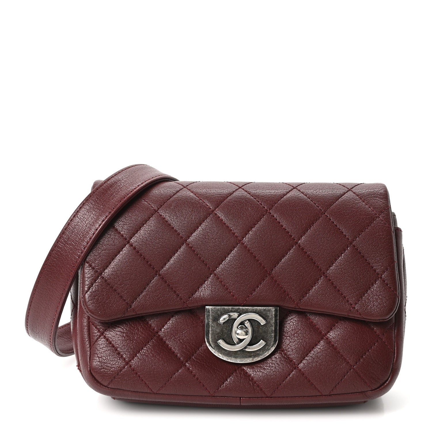 Shiny Goatskin Quilted Small Double Carry Waist Chain Flap Burgundy