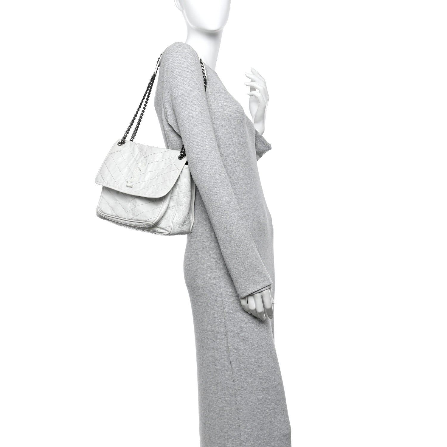 Crinkled Calfskin Matelasse Monogram Medium Niki Chain Satchel Dirty White