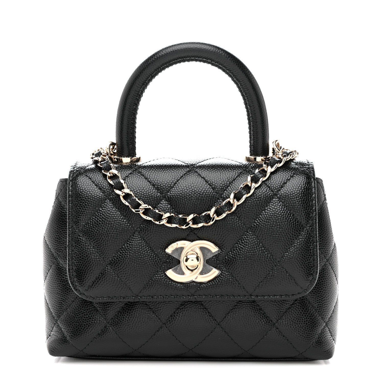 Caviar Quilted Coco Handle Clutch With Chain Black