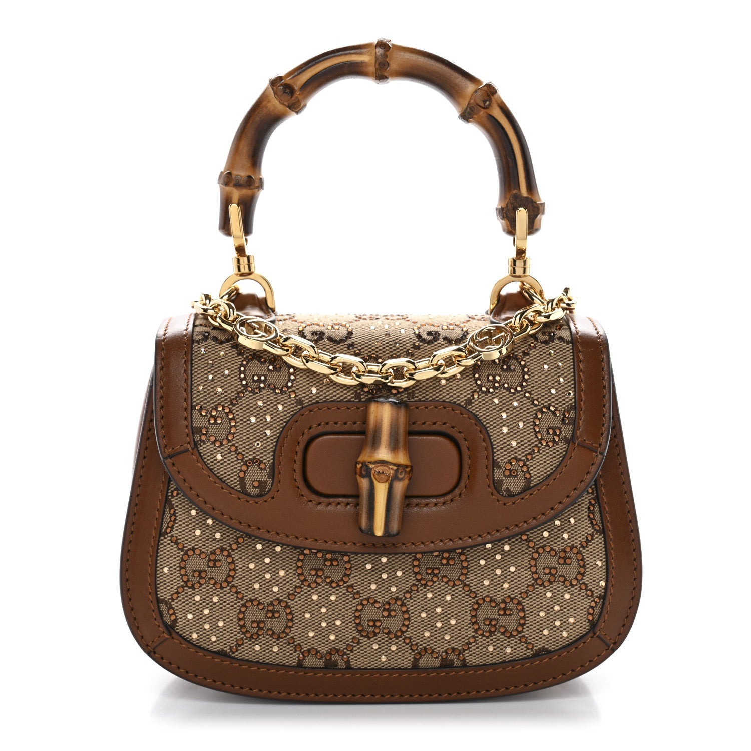 New Canvas Charisma Calfskin Crystal GG Monogram Small Bamboo 1947 Top Handle Bag Camel Ebony
