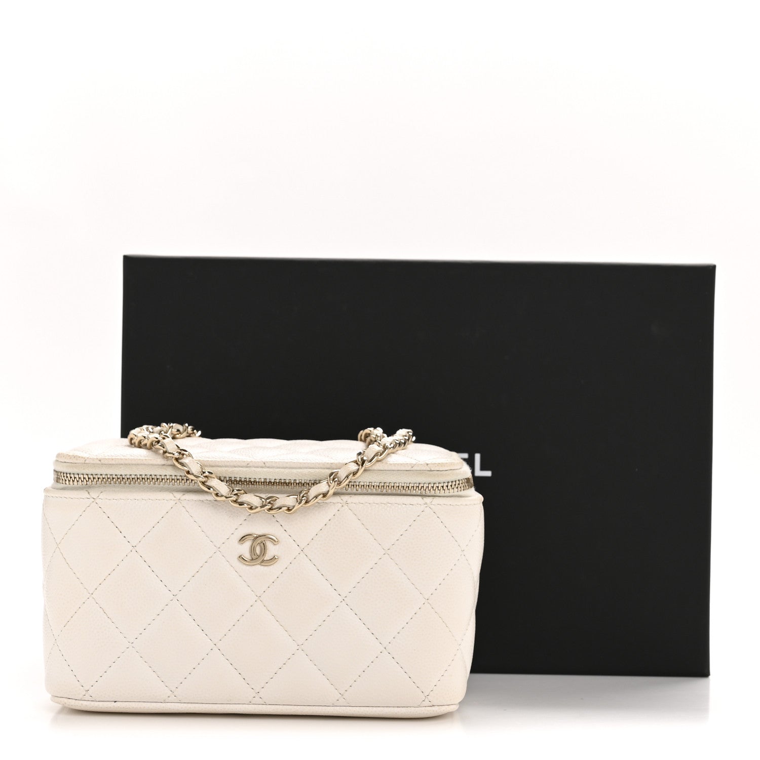 Caviar Quilted Small Vanity Case With Chain White
