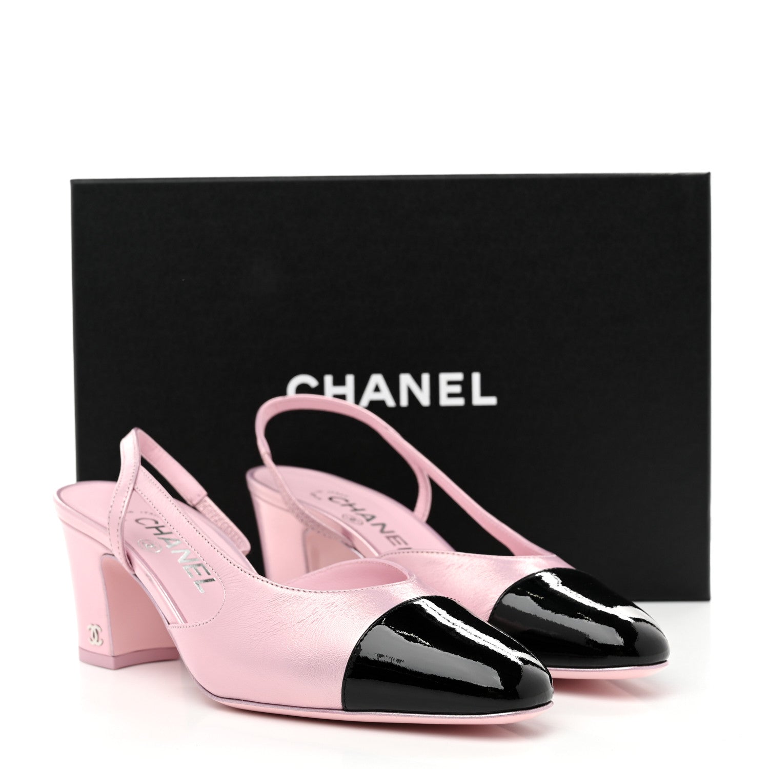 Laminated Lambskin Patent Cap Toe CC Slingback Pumps 37 Light Pink Black