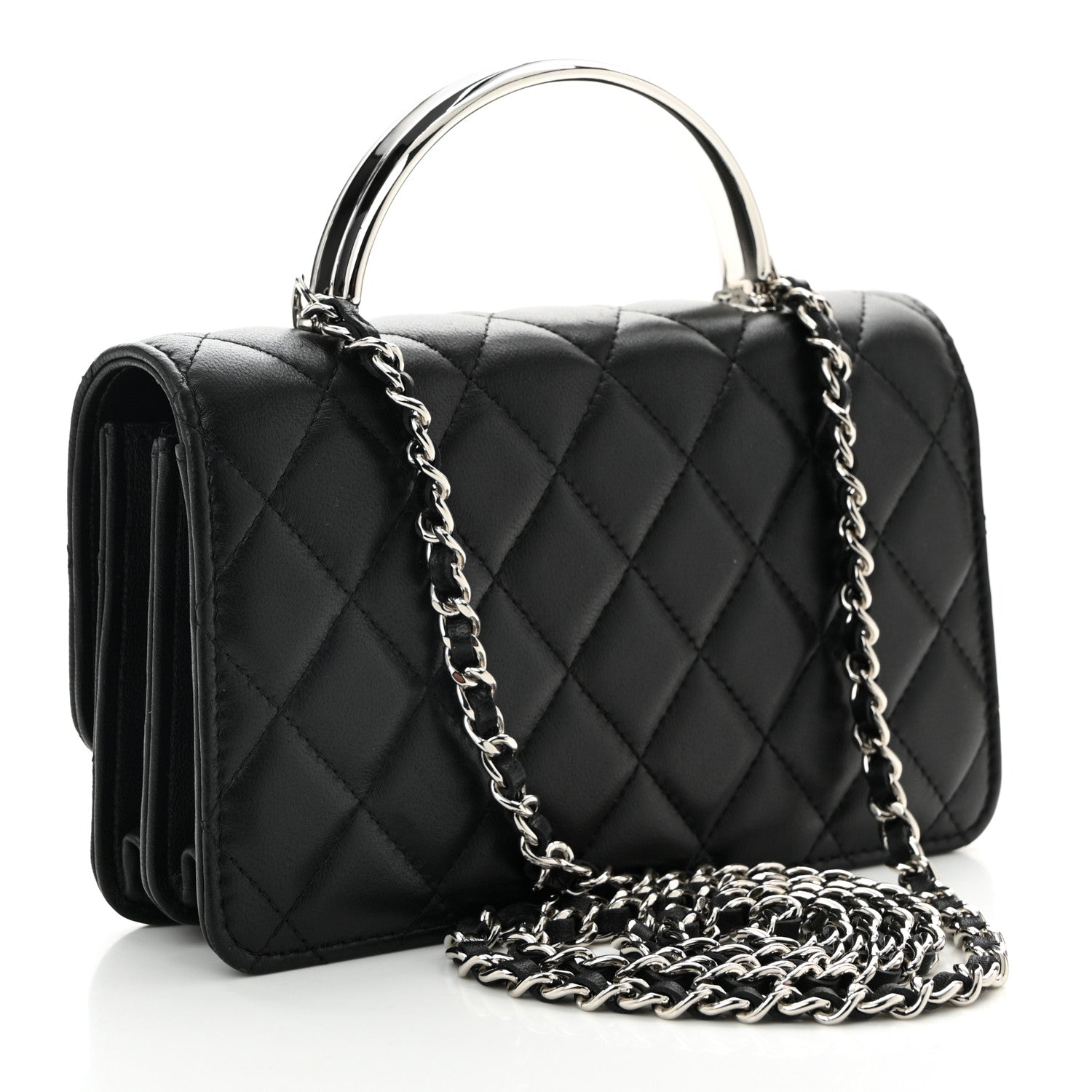 Lambskin Quilted Metal Top Handle Crossbody Flap Black