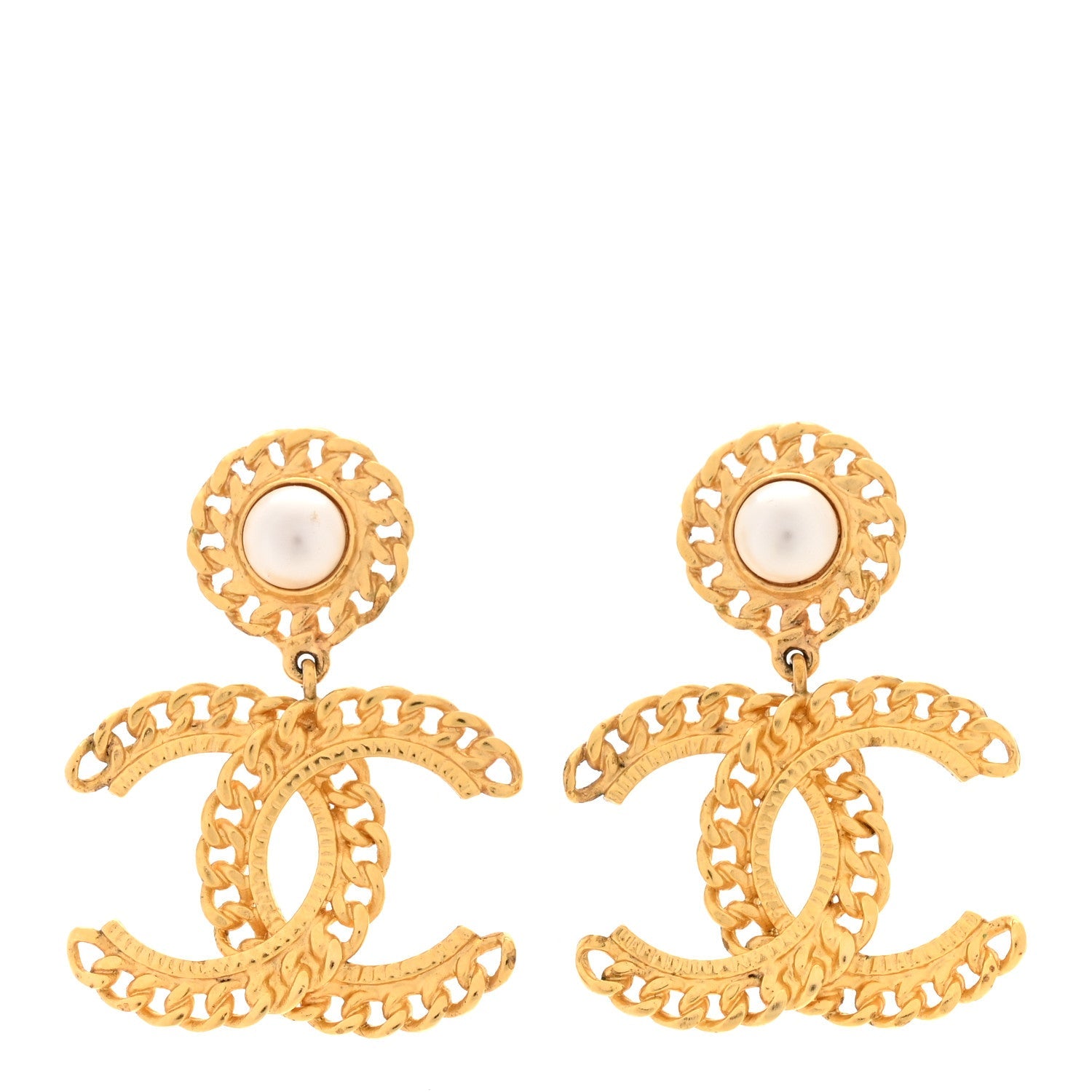Metal Pearl CC Chain Drop Earrings Gold