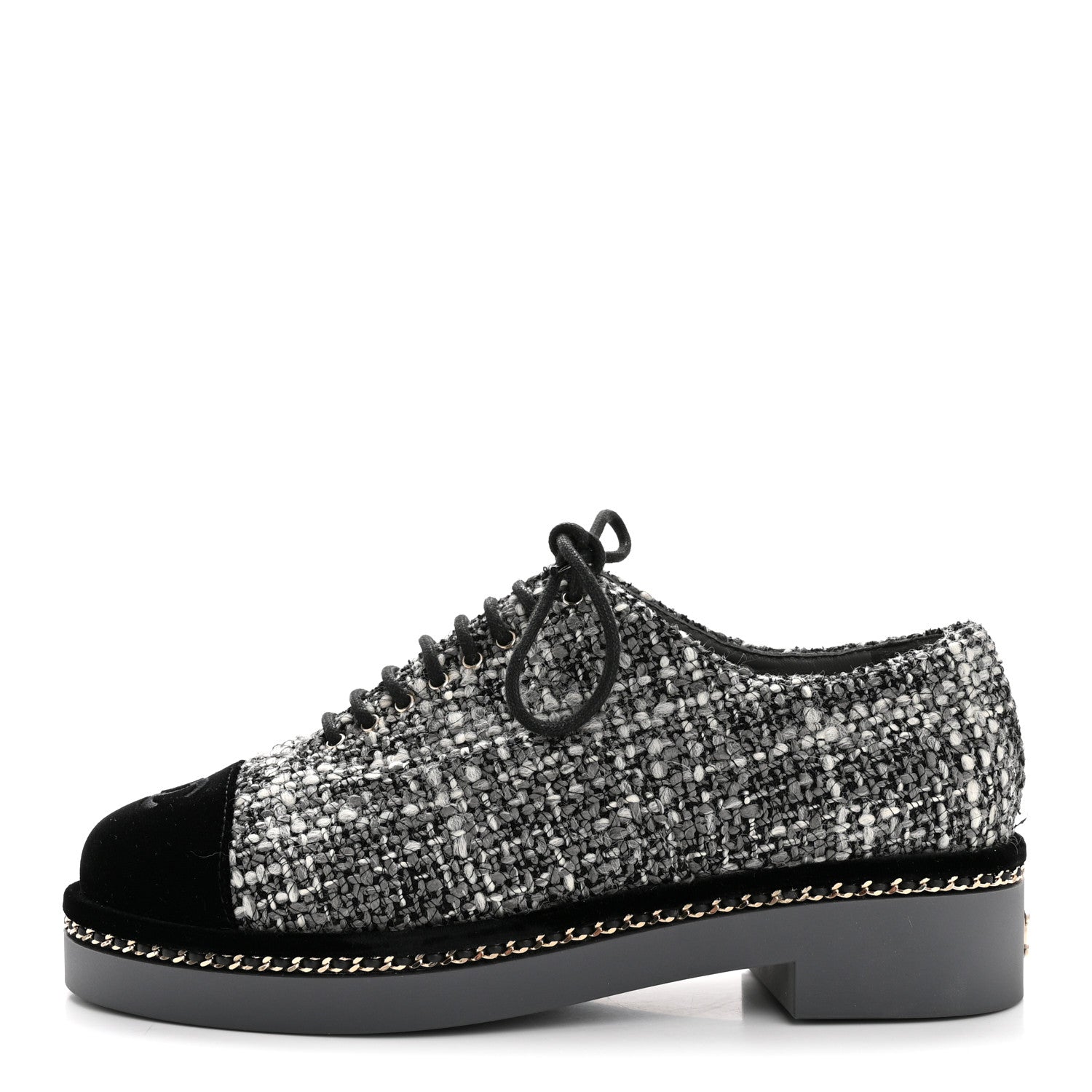 Tweed Suede CC Lace Up Oxfords 38.5 Grey Black