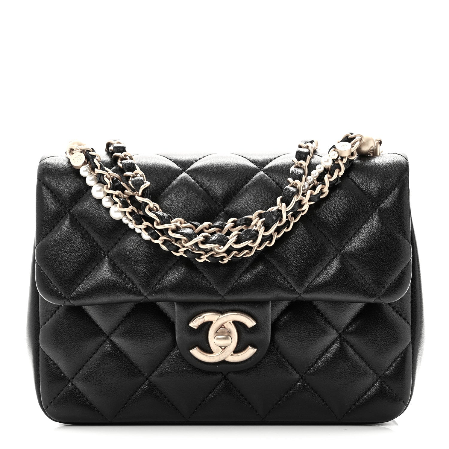 Shiny Lambskin Quilted Pearl Twist Mini Square Flap Black