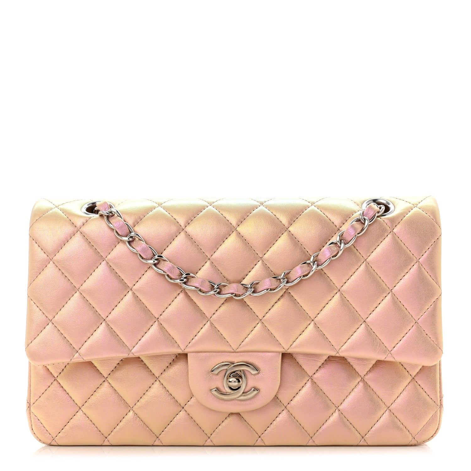 Iridescent Calfskin Quilted Medium Double Flap Pink