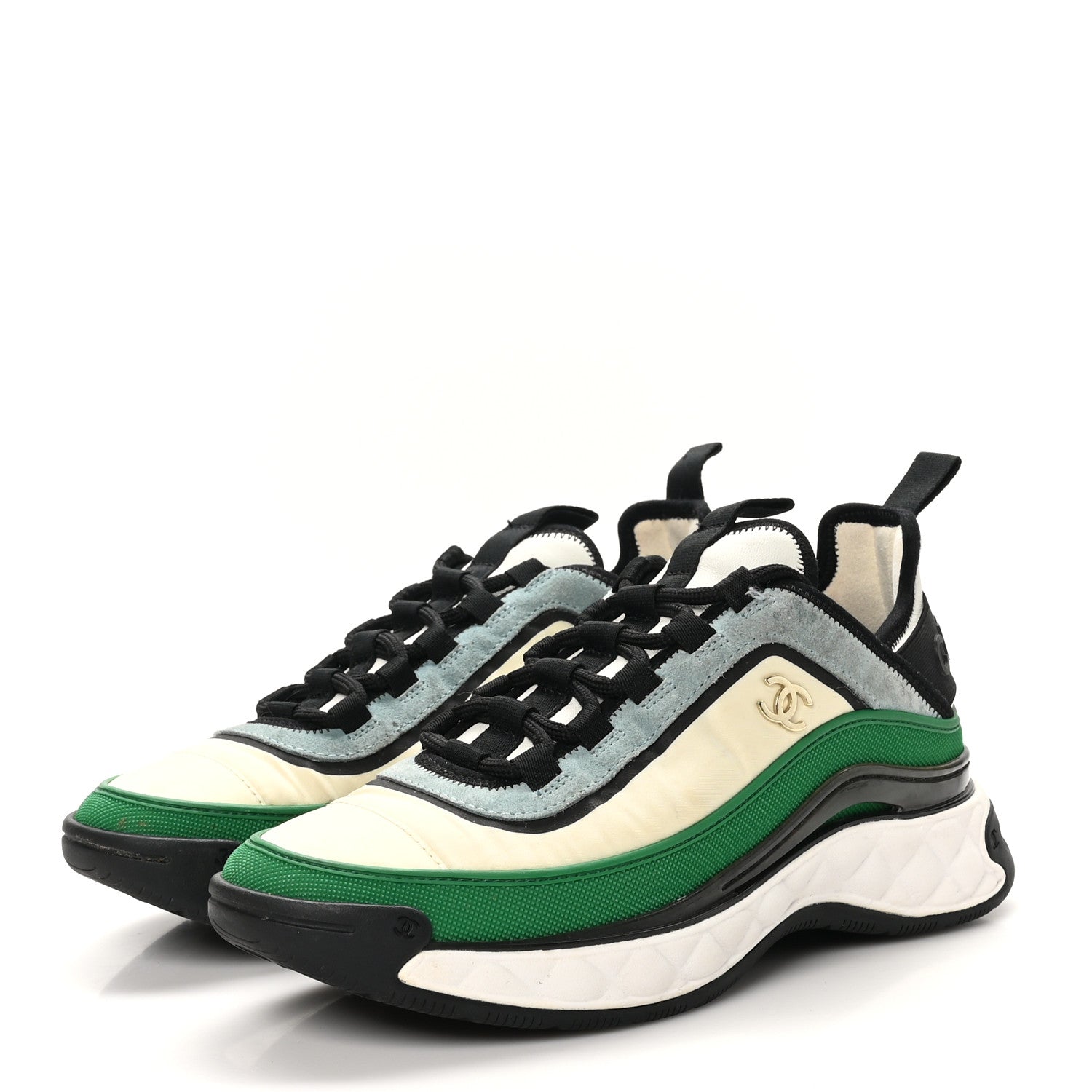 Suede Calfskin Mixed Fibers CC Sneakers 38 Ivory Green Light Blue