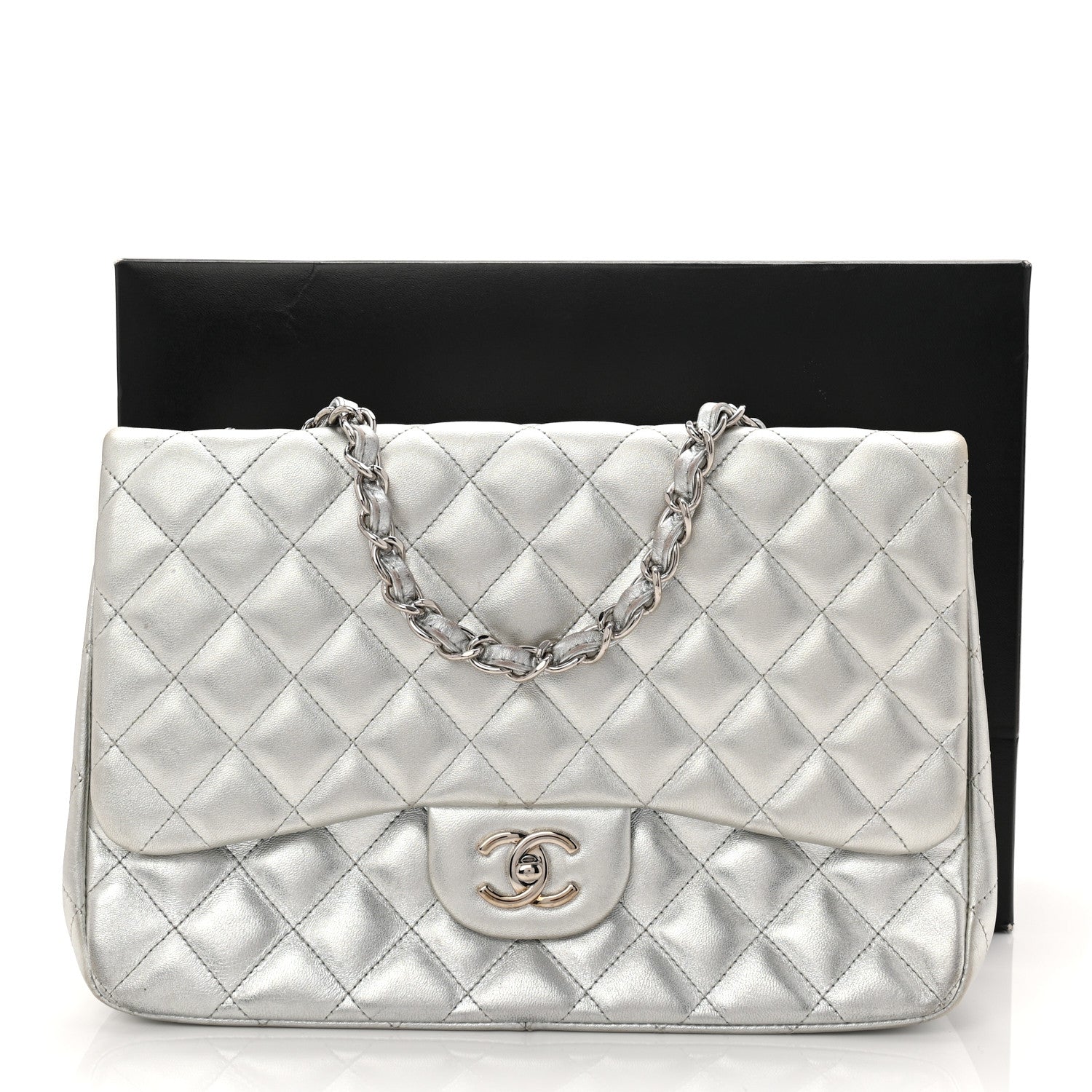 Metallic Lambskin Quilted Jumbo Single Flap Silver