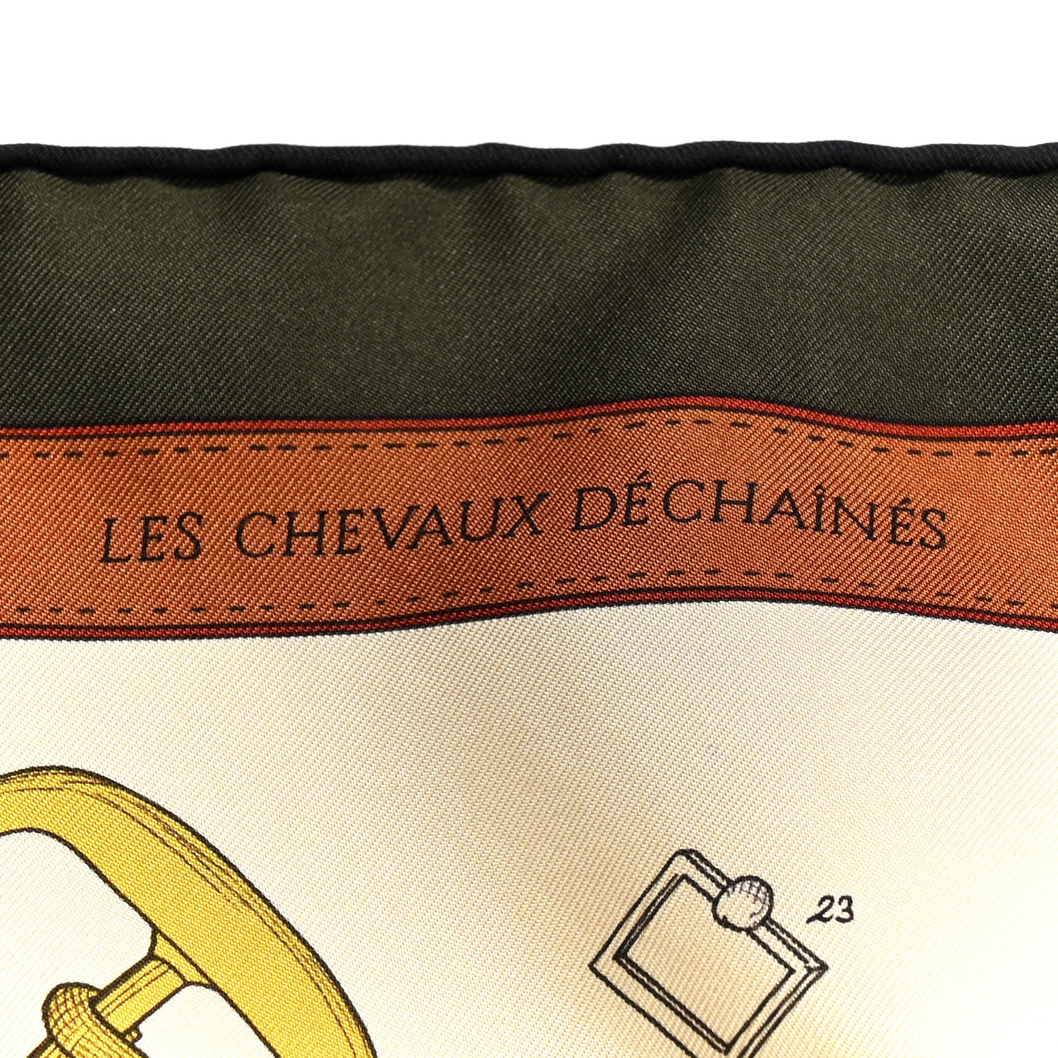 Silk Les Cheveaux Dechaines Scarf 90 Ivoire Vert Loden Vieil Or
