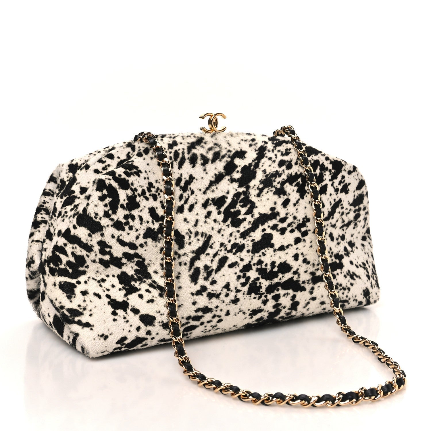 Lambskin Pony Hair Printed Clutch With Chain Black White