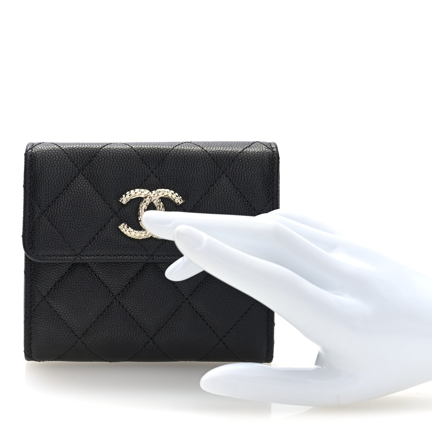 Caviar Quilted Chain Embossed Compact Flap Wallet Black