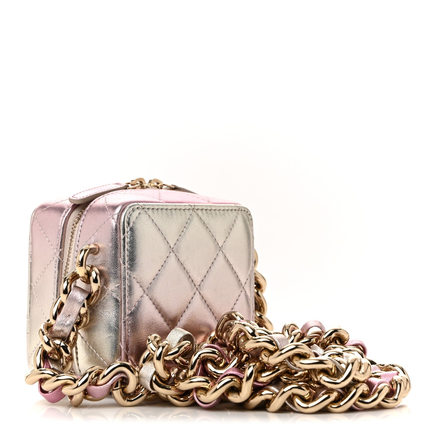 Gradient Metallic Lambskin Quilted Like A Wallet Clutch With Chain Gold Pink