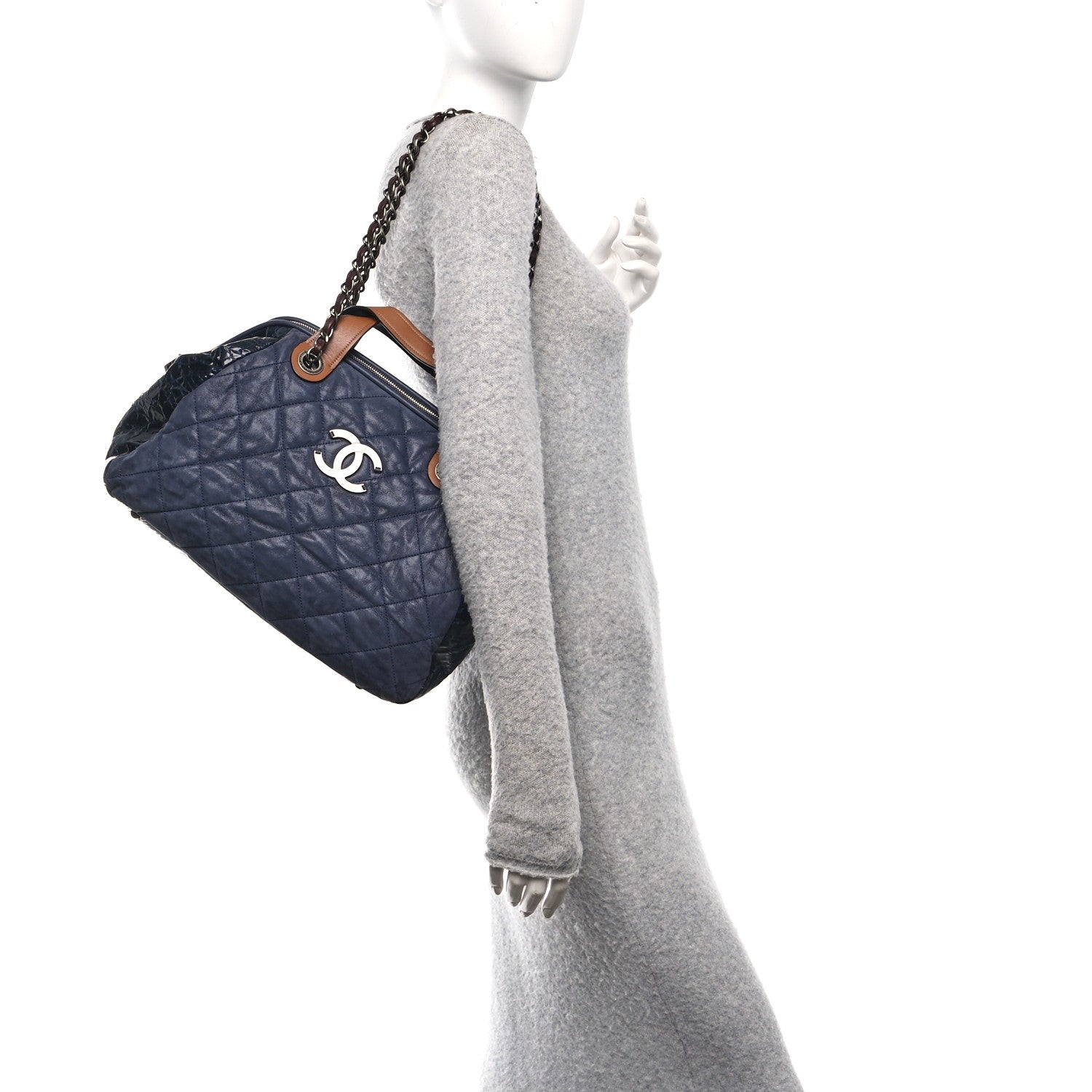 Iridescent Calfskin Quilted Large In The Mix Tote Navy