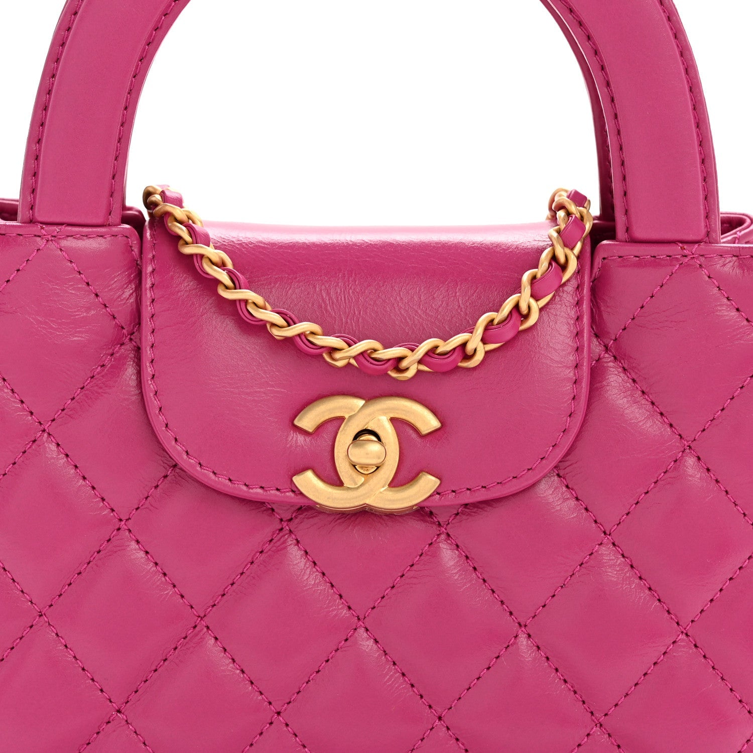 Shiny Aged Calfskin Quilted Nano Kelly Shopper Dark Pink