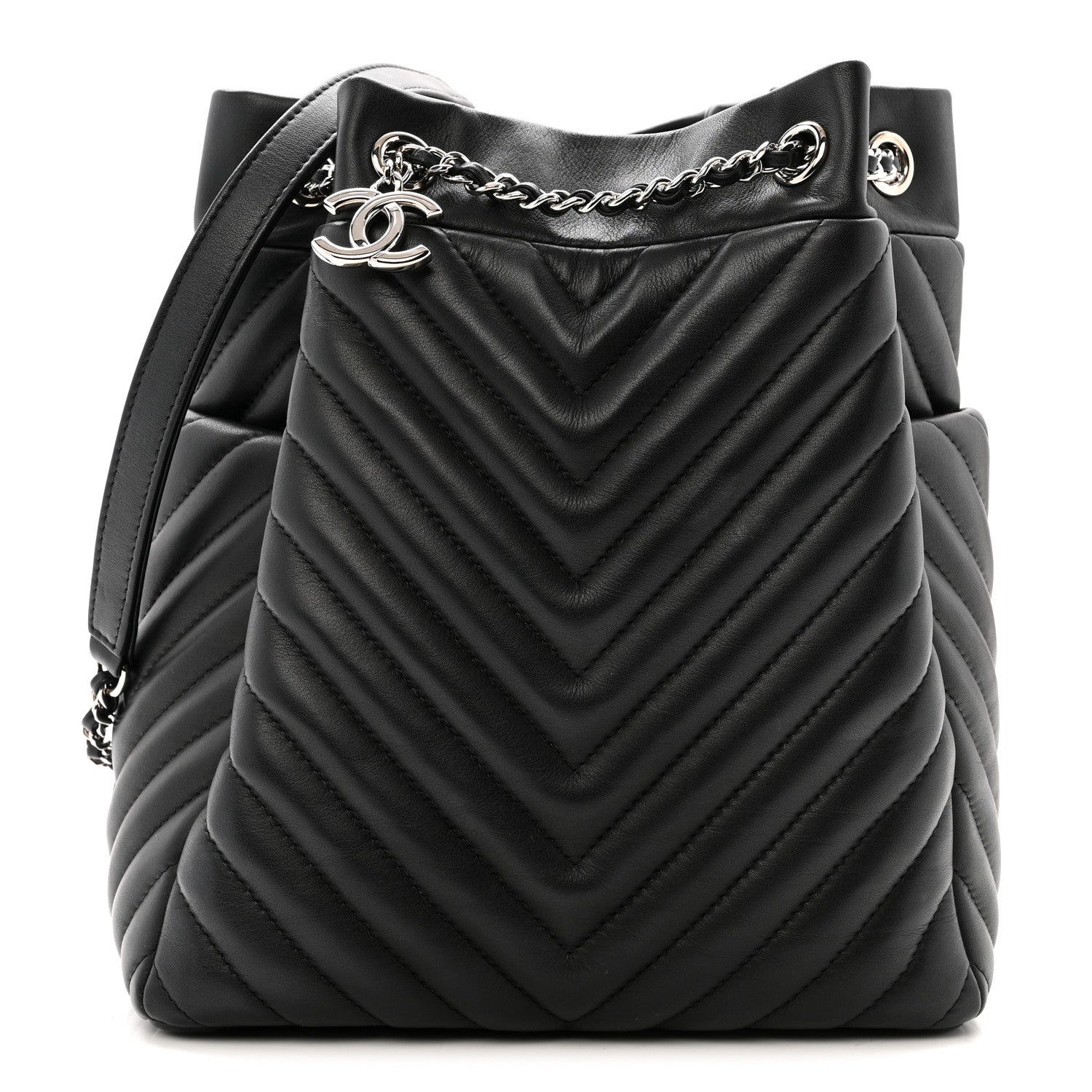 Lambskin Chevron Small Urban Spirit Drawstring Bag Black