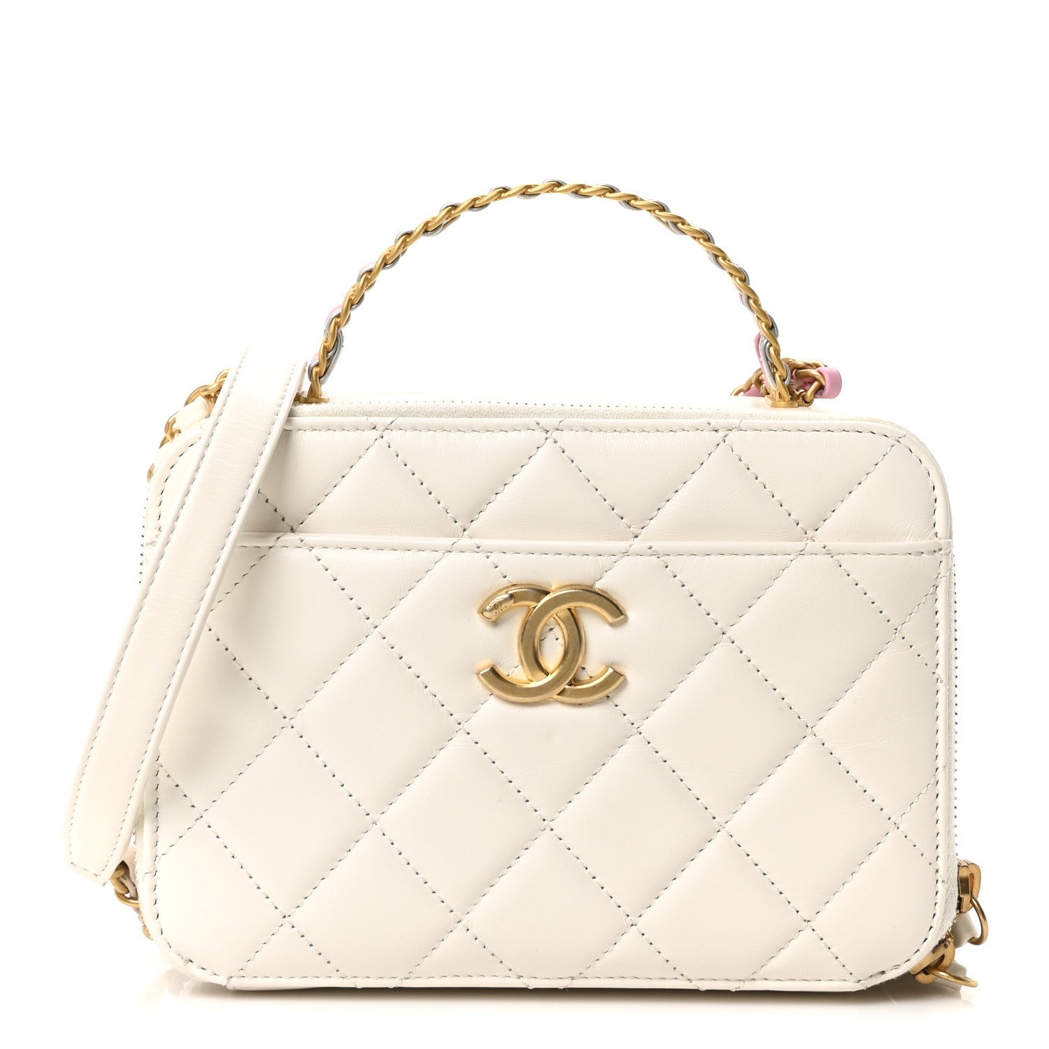 Shiny Calfskin Quilted Top Handle Vanity Case White