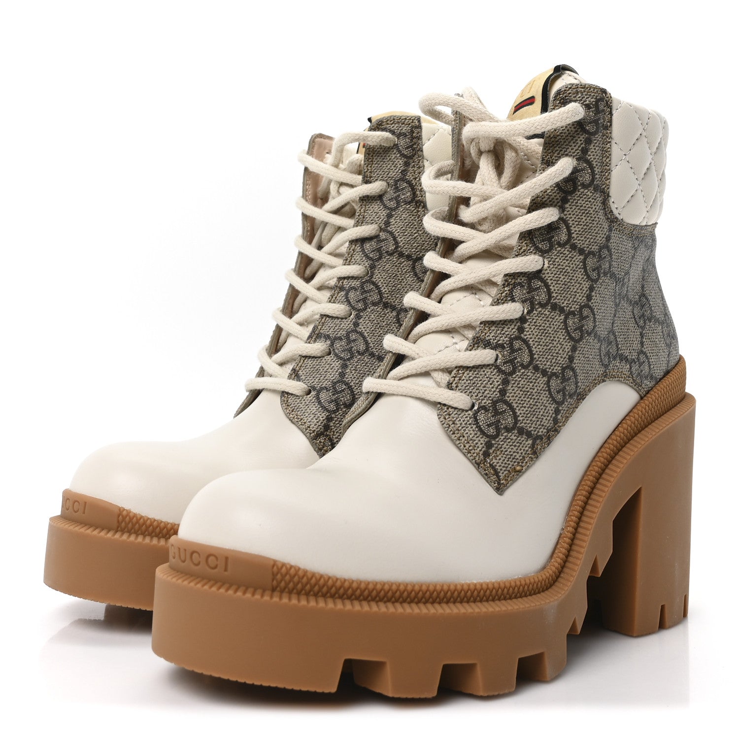 Calfskin GG Supreme Monogram Nappa Quilted Lace Up Ankle Boots 35 Mystic White Beige