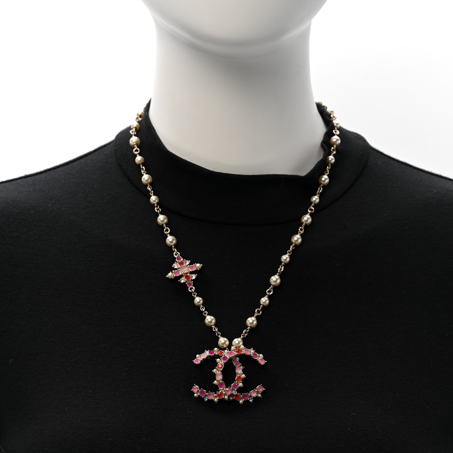 Pearl Crystal Beaded CC Pendant Necklace Gold Pink