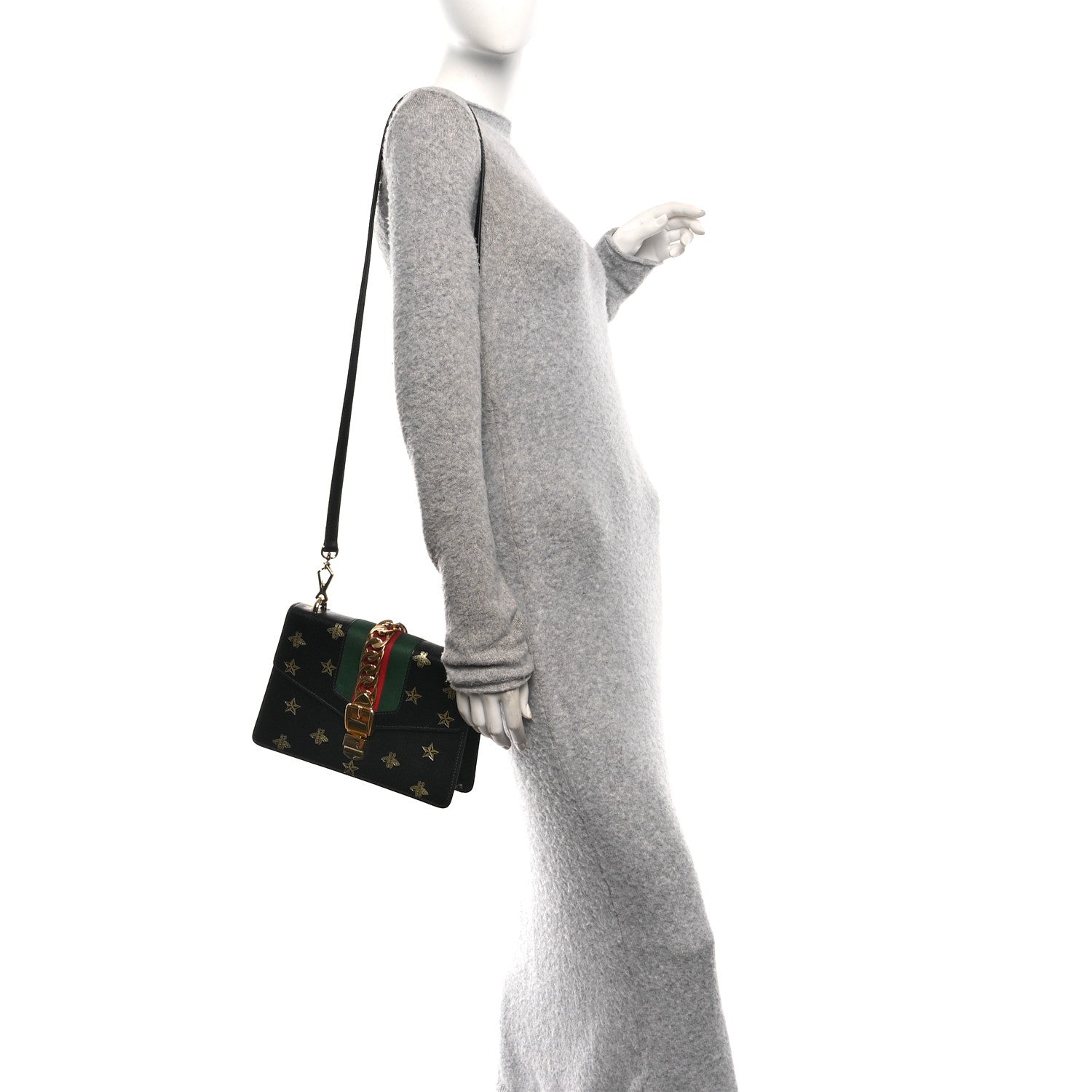 Textured Calfskin Bee Star Print Small Sylvie Shoulder Bag Black