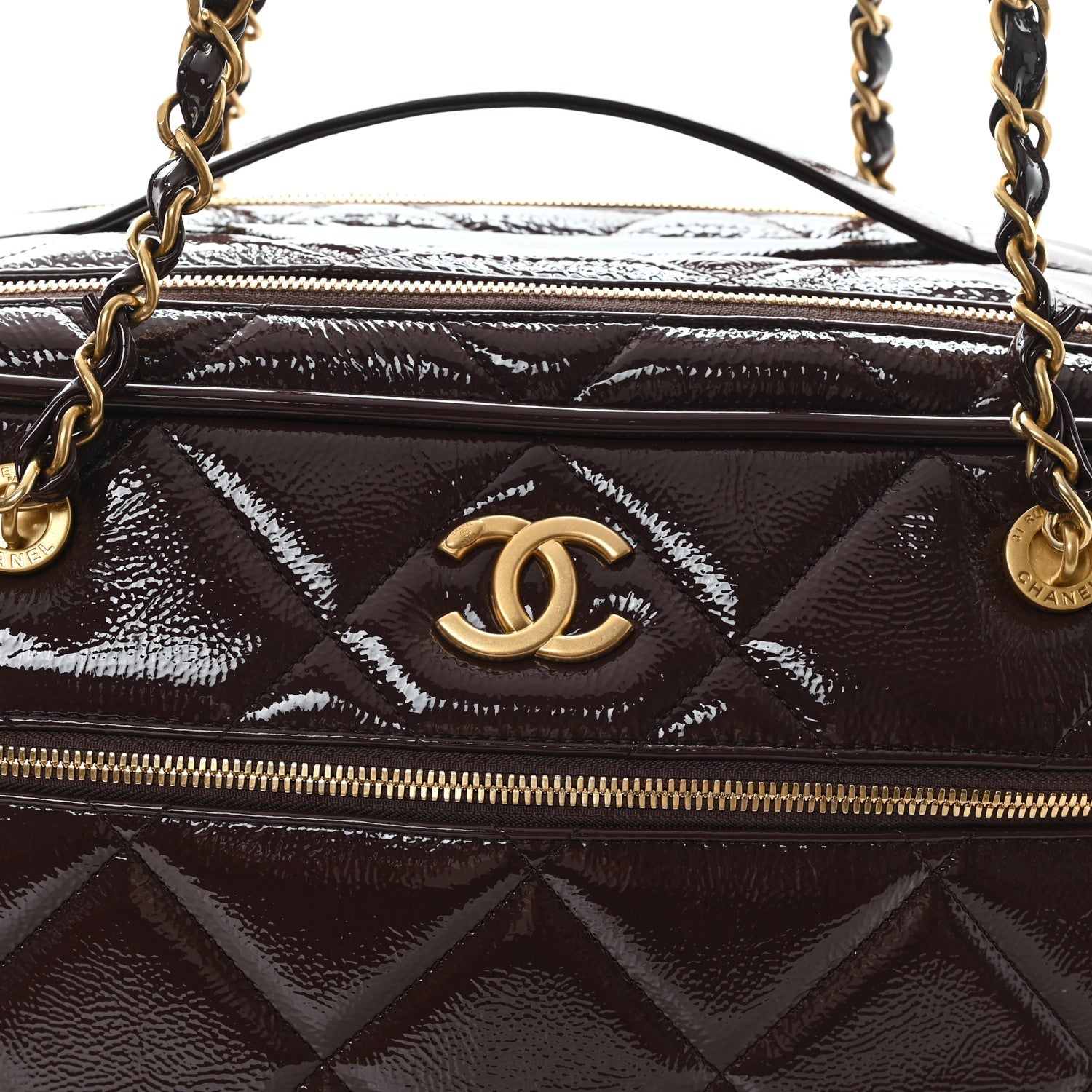 Patent Crumpled Calfskin Quilted Travel Bowling Bag Dark Brown