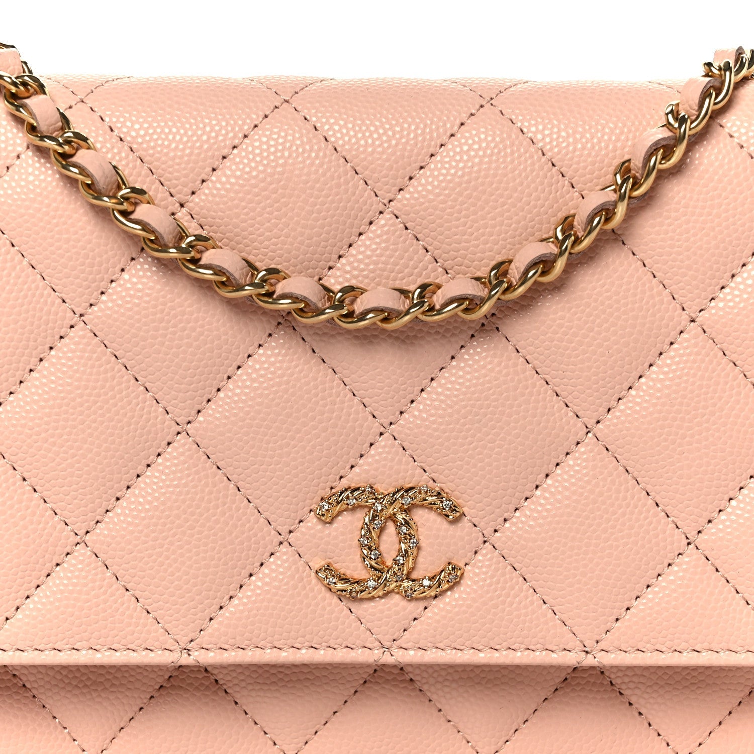 Grained Calfskin Quilted Strass CC Wallet On Chain WOC Light Pink