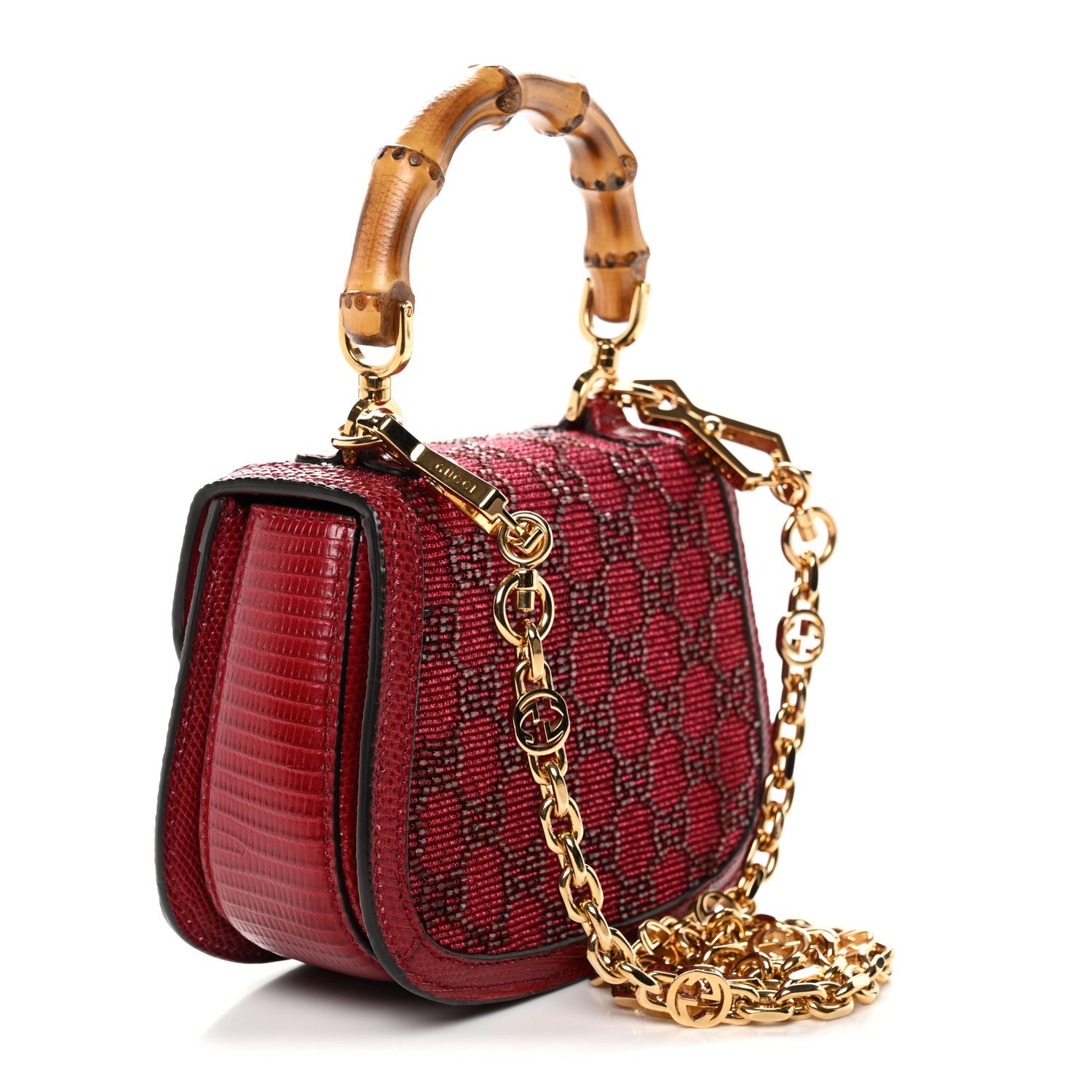 Moire Fabric Calfskin Rhinestone Monogram Monochrome Lizard Embossed Mini Bamboo 1947 Top Handle Chain Bag Red