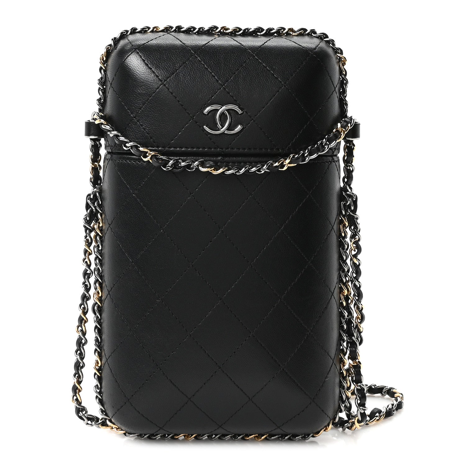Lambskin Quilted Chain Around Phone Holder Black