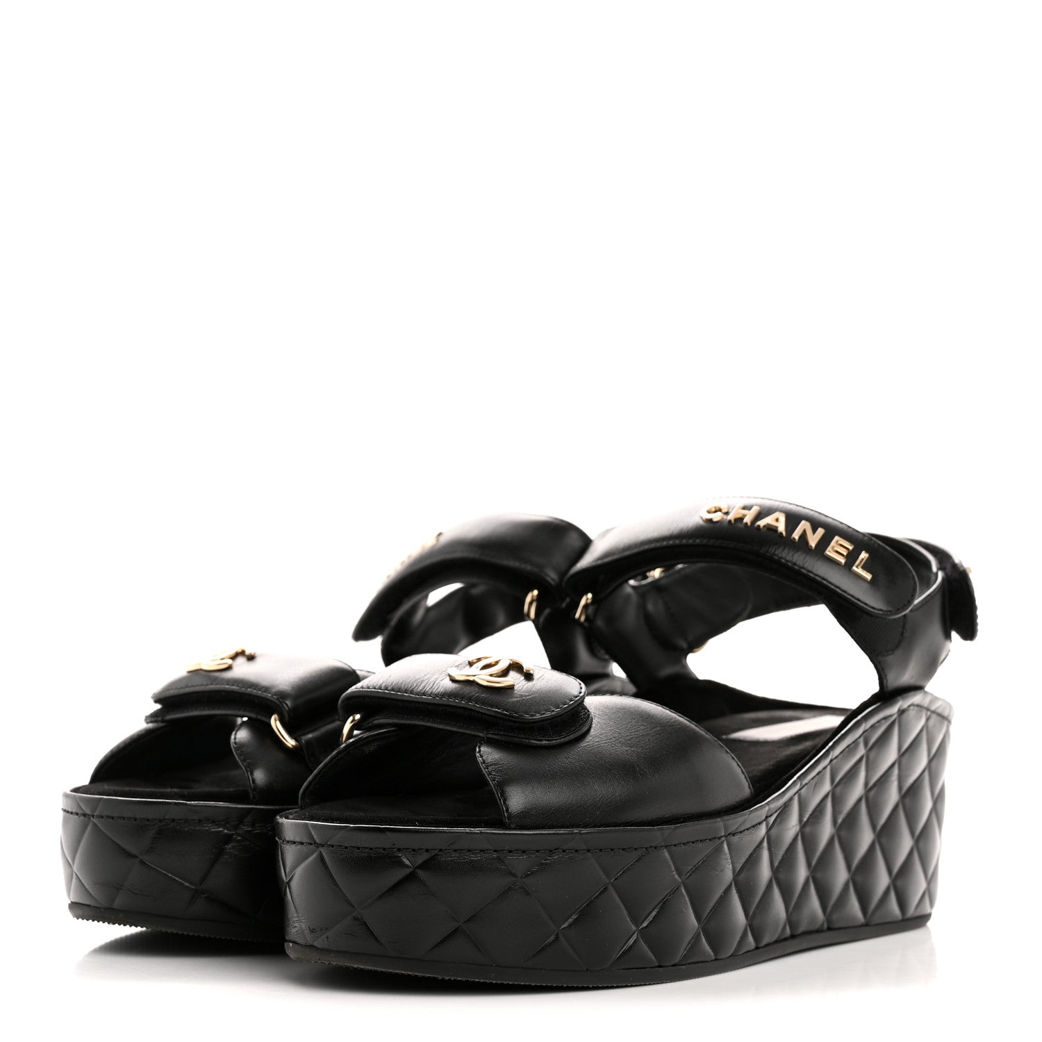 Shiny Calfskin Logo Platform Sandals 39 Black