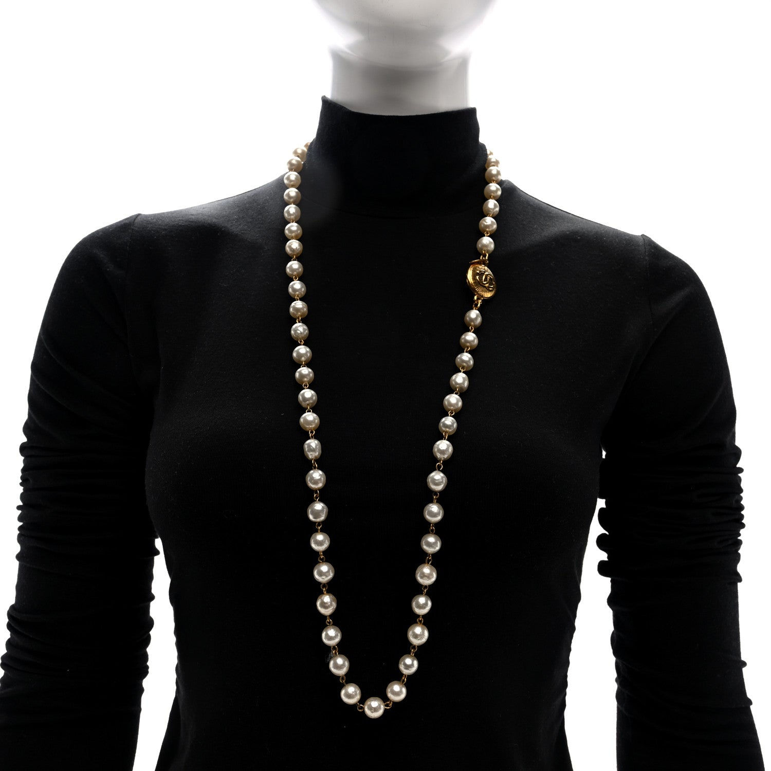 Metal Pearl CC Long Strand Necklace Gold White