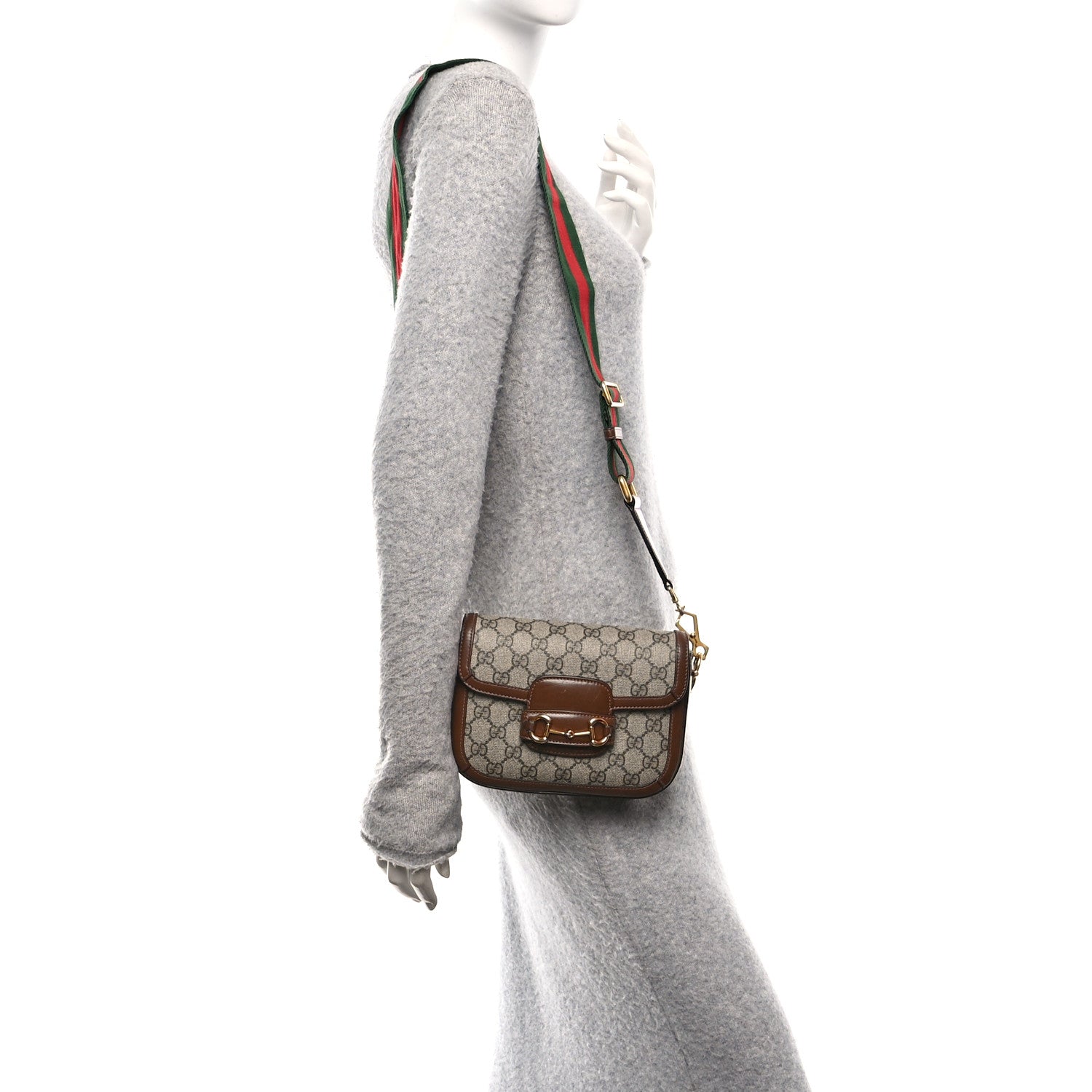 GG Supreme Monogram Web Mini Horsebit 1955 Shoulder Bag Beige Brown Sugar