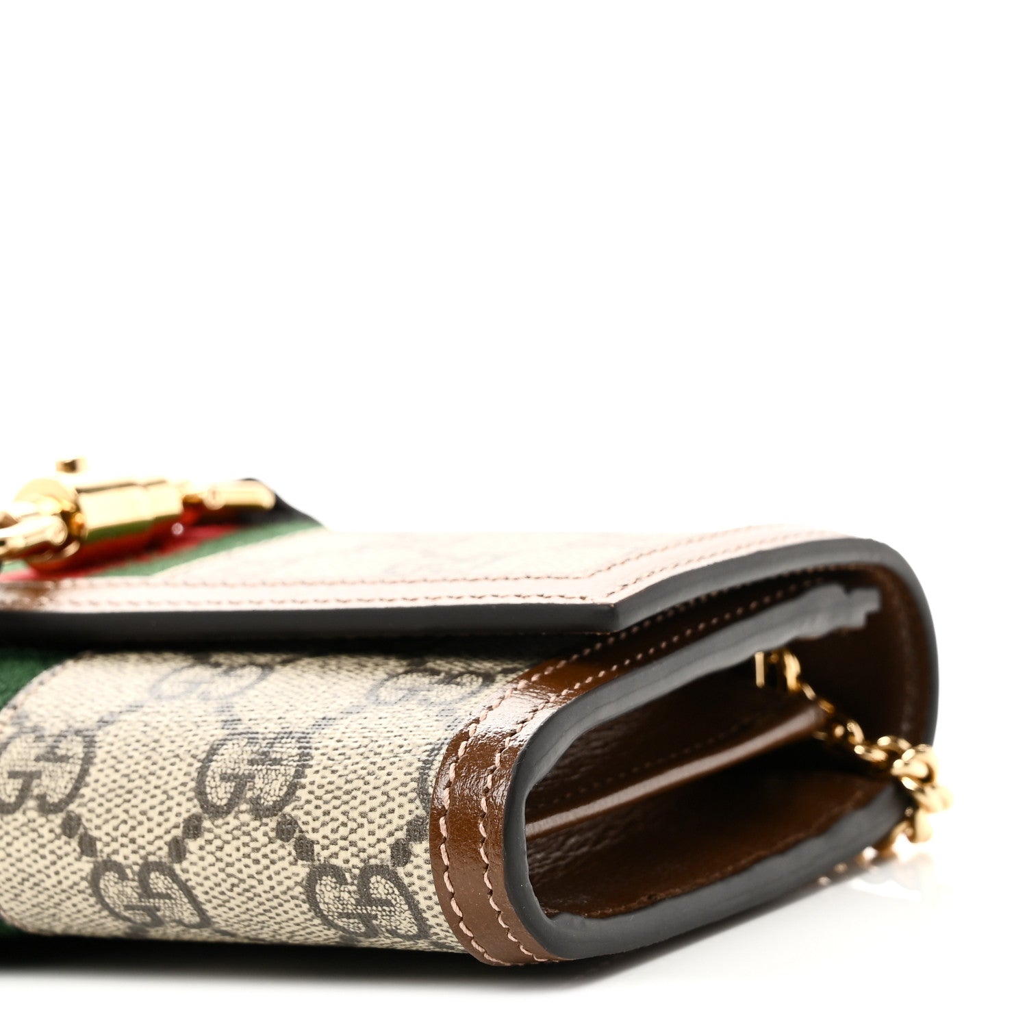 GG Supreme Monogram Azalea Calfskin Web Jackie 1961 Chain Wallet Beige Ebony Brown Sugar