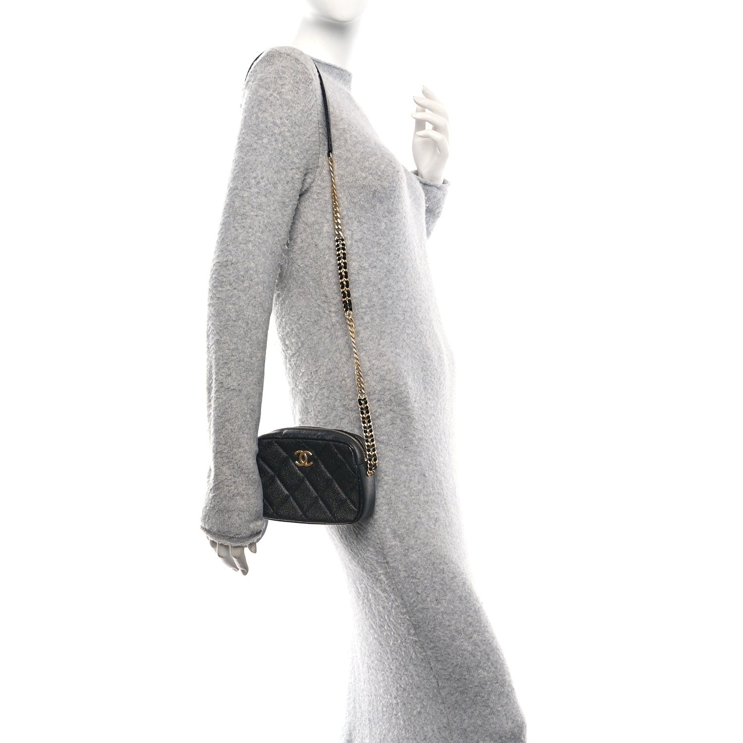 Shiny Caviar Quilted Chain Melody Camera Bag Black